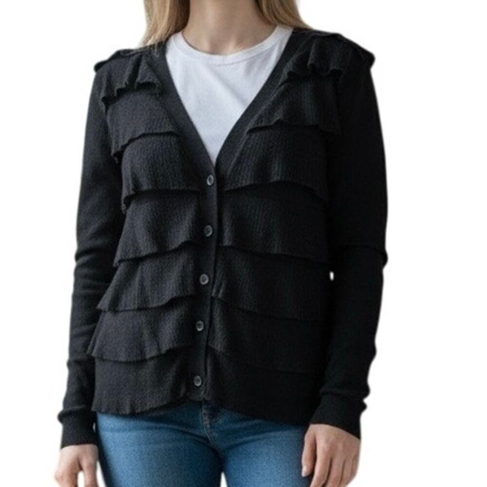 Sweater Works Black Ruffle Cardigan Button Front Lightweight Sz M | GUC